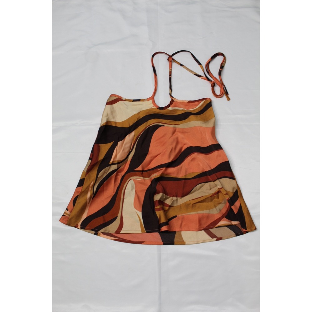 Princess Polly Abstract Swirl Halter Top Orange Brown Satin Print Blouse US 2